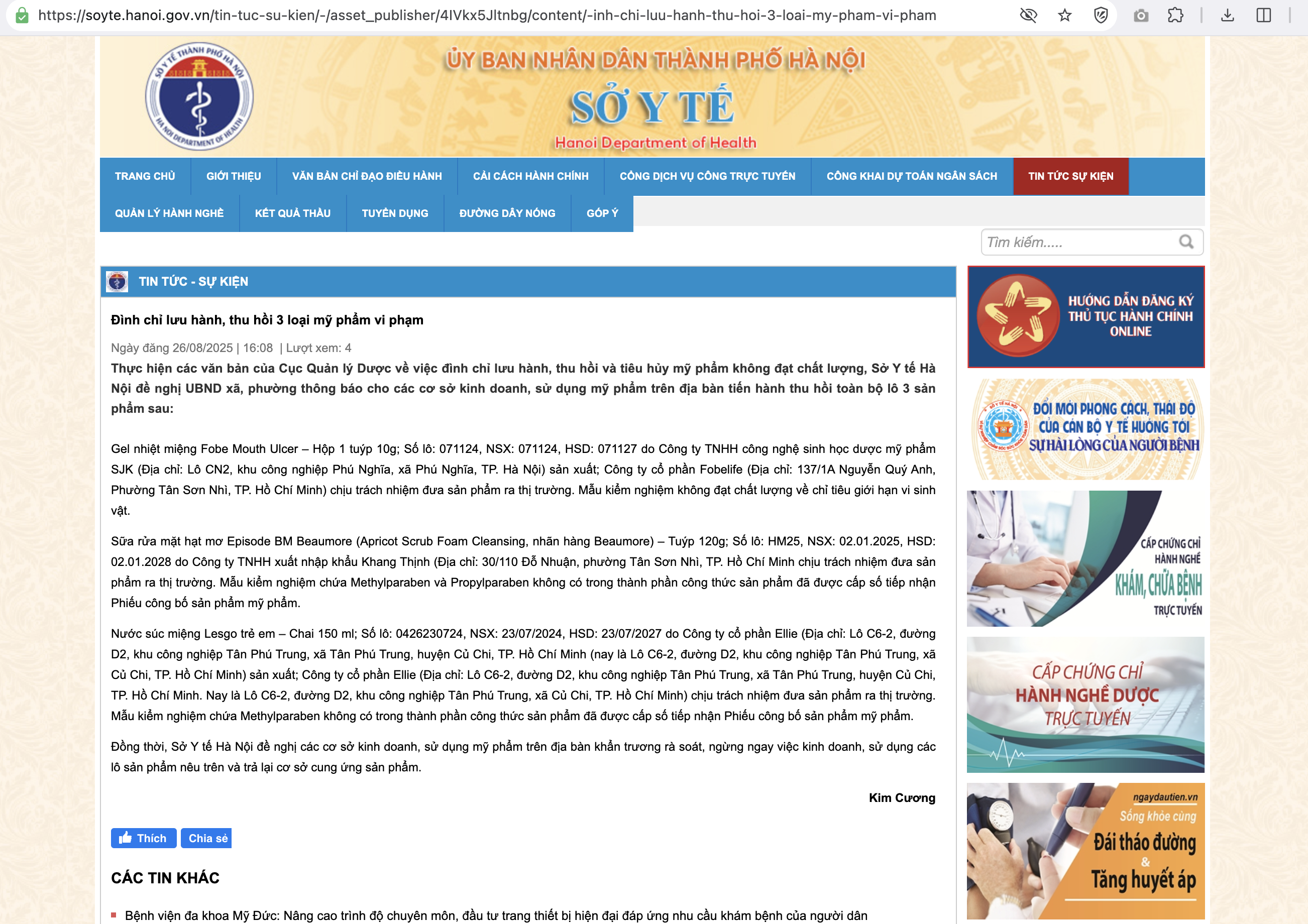 Hà Nội thu hồi 3 loại mỹ phẩm, sản phẩm vi phạm